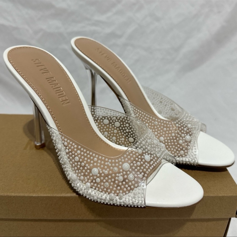 Steve Madden Peach PVC  Open Toe White Pearl Embellished Heels - Picture 9 of 9